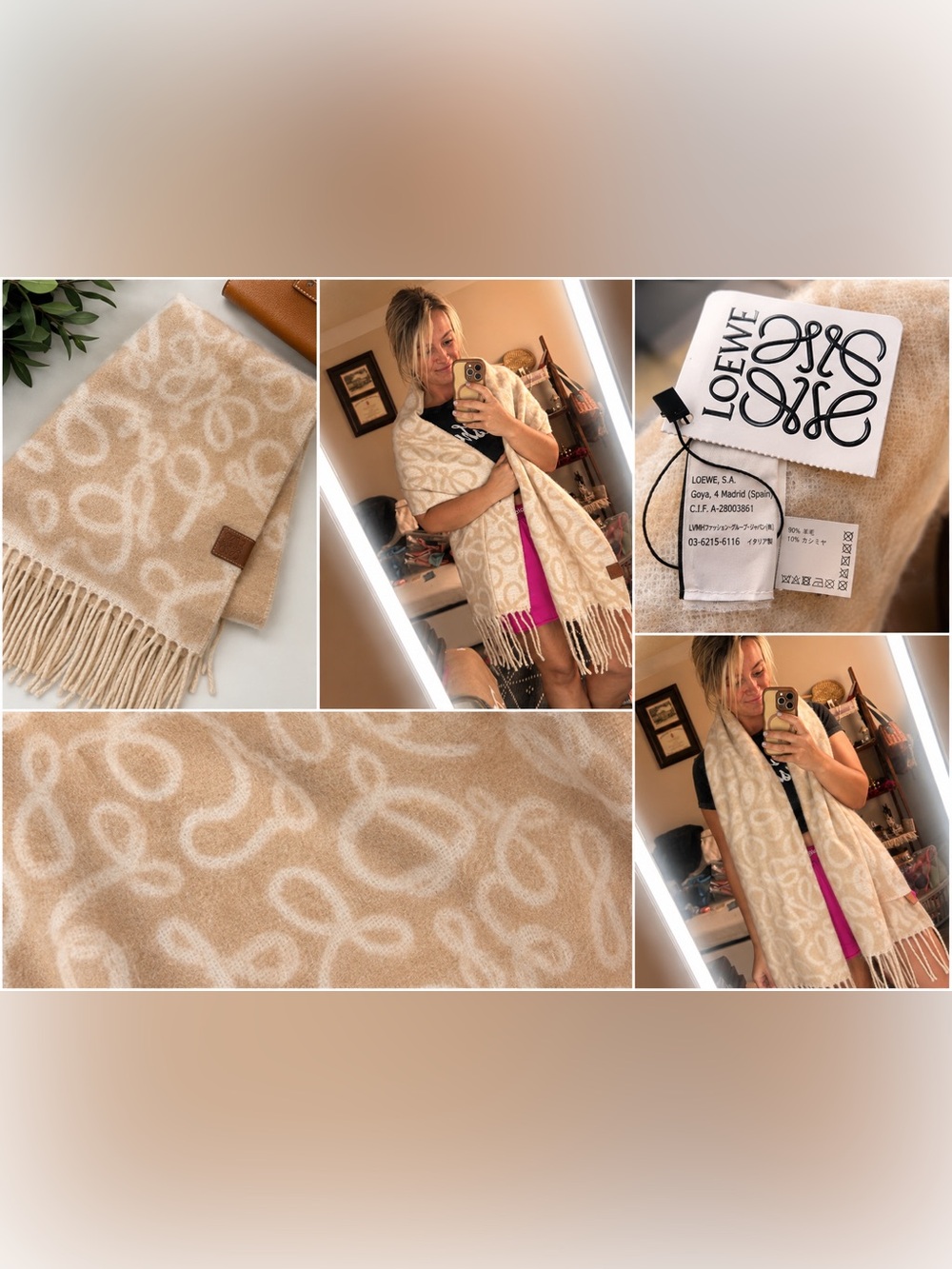 Beige & Cream Signature Logo Fringe Scarf Wrap